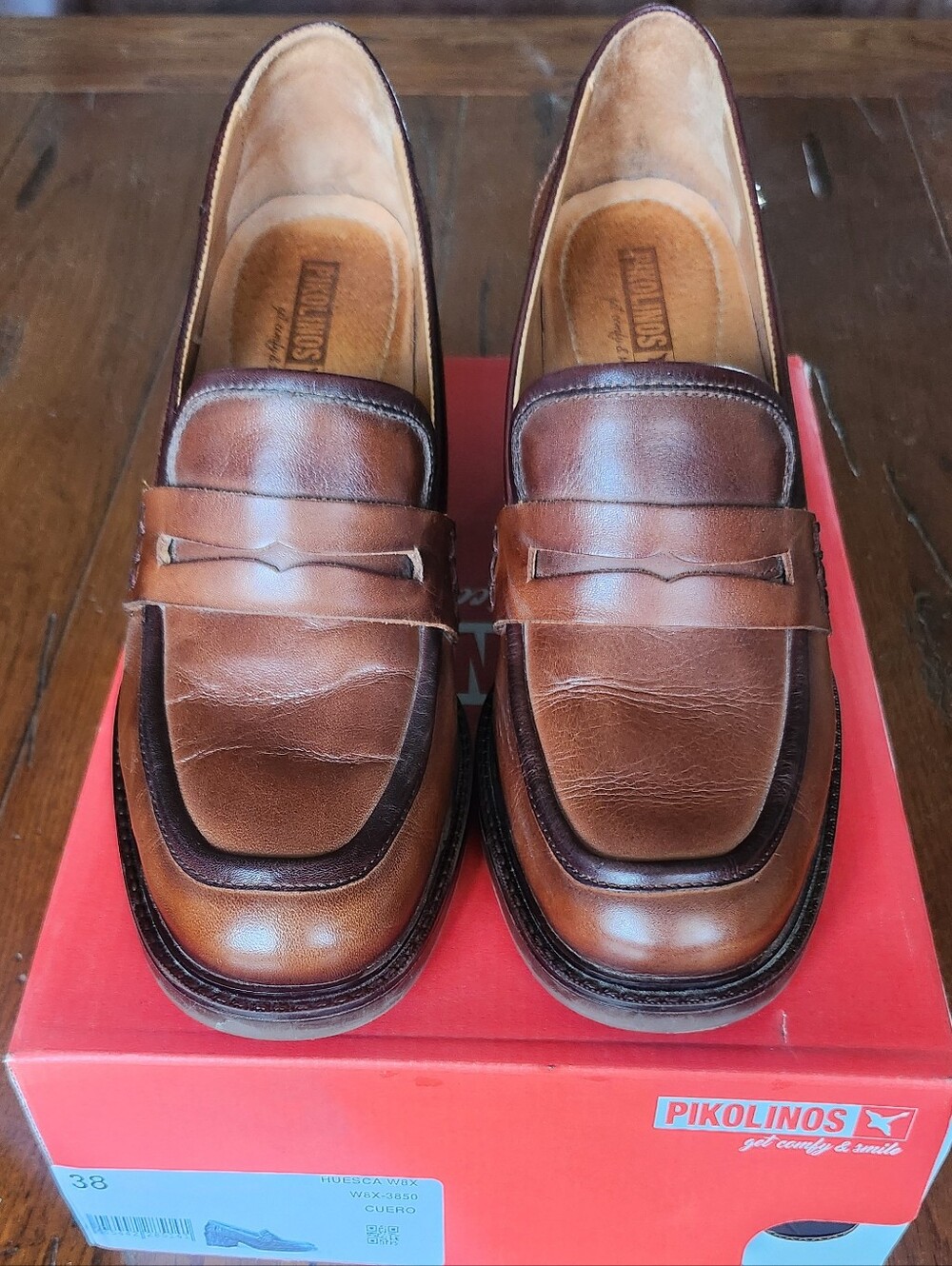 Pikolinos Huesca Leather Penny Loafers Heels Brown Size 38, US women’s 7.5–8.